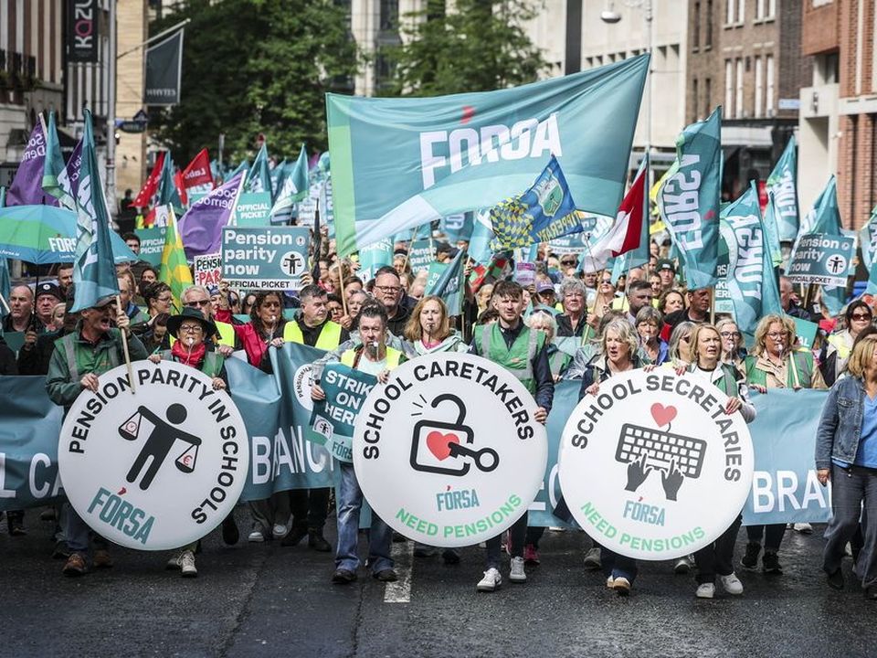 Thousands of school secretaries and caretakers who are Fórsa trade union members are on an indefinite strike. Photo: Conor McCabe