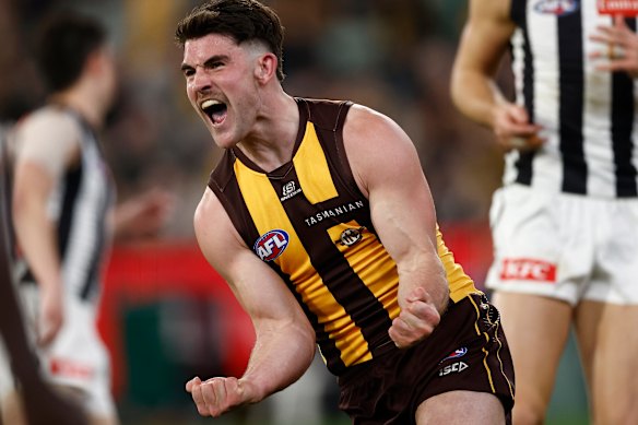 Power and passion: Hawthorn’s Jai Newcombe.
