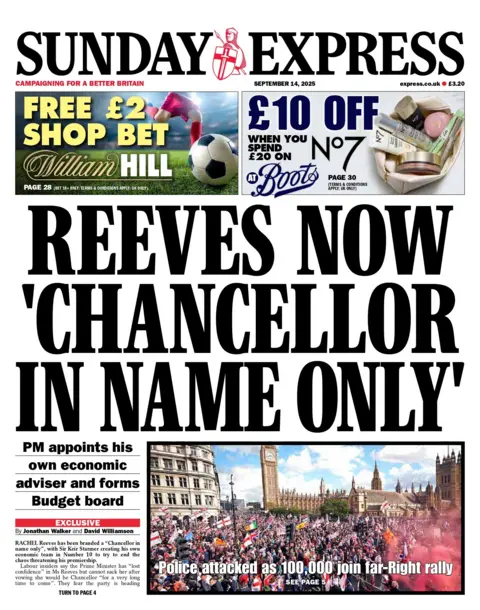 The headline on the front page of the Sunday Express reads: "Reeves now 'Chancellor in name only'."