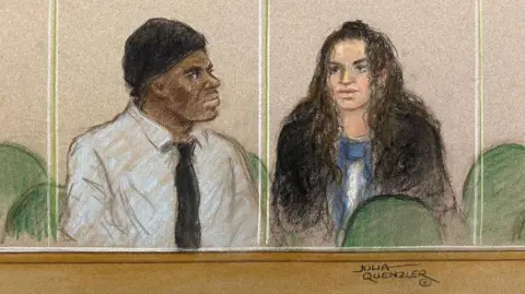 Julia Quenzler A court artist's sketch showing, from left to right: Mark Gordon and Constance Marten. A black man, Gordon is dressed in a white shirt and black tie, he is wearing a covering on his head.  A white woman, Marten is drawn wearing what appears to be a dark jacket and blue shirt. He long hair spills across her shoulders.