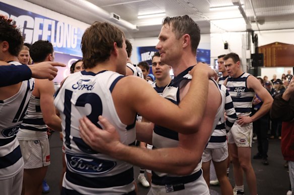 Jhye Clark (left) celebrates Geelong’s preliminary final win with Dangerfield.