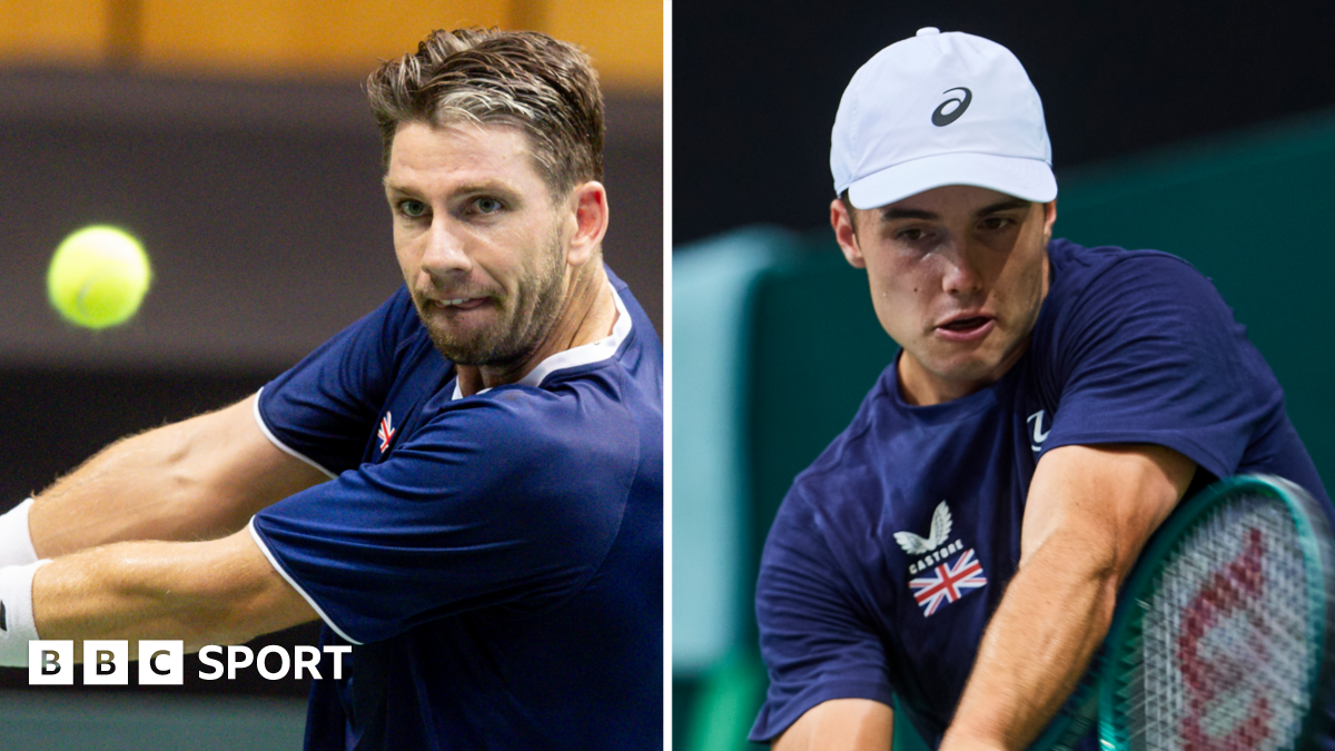 Cameron Norrie and Arthur Fery playing tennis for Great Britain against Poland in Davis Cup in Gdynia, Poland