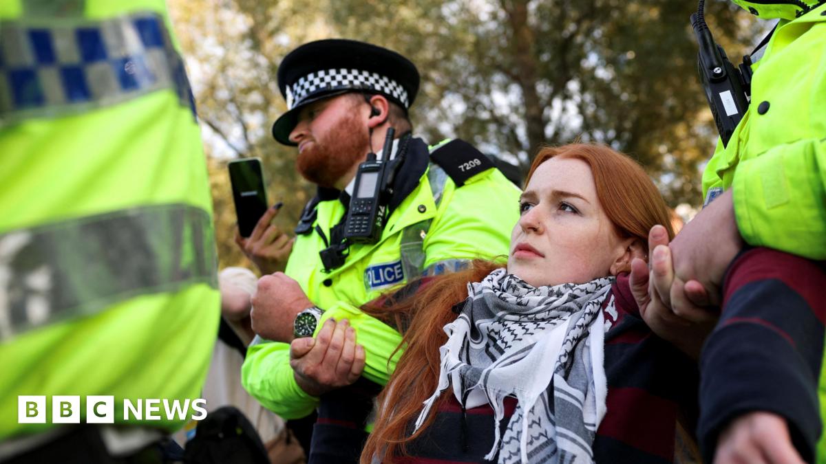 A woman is detained by police officers during a 'Lift the Ban on Palestine Action' protest