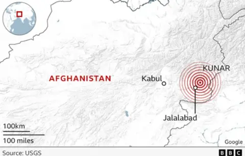 A map showing where the epicentre of the earthquake was