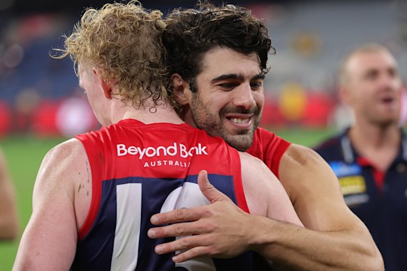 Clayton Oliver and Christian Petracca after the Demons’ win over Richmond in April.
