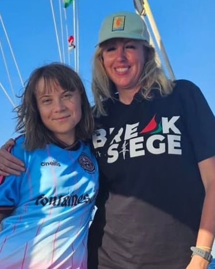 The Irish activist Caoimhe Butterly with Greta Thunberg, who is wearing a Bohemians shirts, on a flotilla to Gaza.