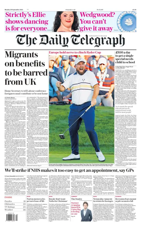 The headline on the front page of the Daily Telegraph reads: "Migrants on benefits to be barred from UK". The front page also features a photo of Irish golfer Shane Lowry fist pumping after a good shot. 