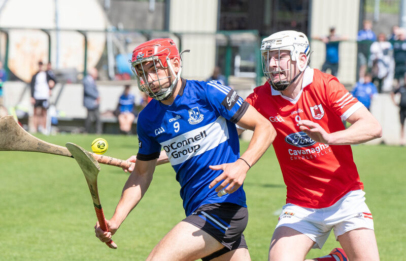 Darragh Long of Sarsfields pulls away from Charleville's Cathal Carroll in the RedFM Hurling League earlier this year. Picture: Howard Crowdy