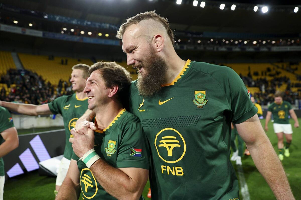 BOK BASHERS: Kwagga Smith and RG Snyman celebrate at Sky Stadium in Wellington. Pic: Hagen Hopkins/Getty Images