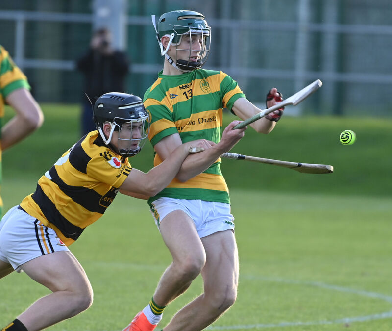 Blackrock's Ollie Walsh is tackled by Na Piarsaigh's Jack O'Connor during the Rebel Óg U16 Premier 1 Challenge Cup final at Church Road. Picture: Eddie O'Hare