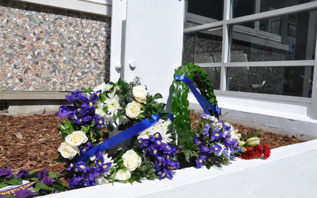 Wreaths placed by Police Commissioner Richard Chambers and Police Minister Mark Mitchell outside the Nelson Central Police Station to remember officers who've lost their lives in the line of duty.
