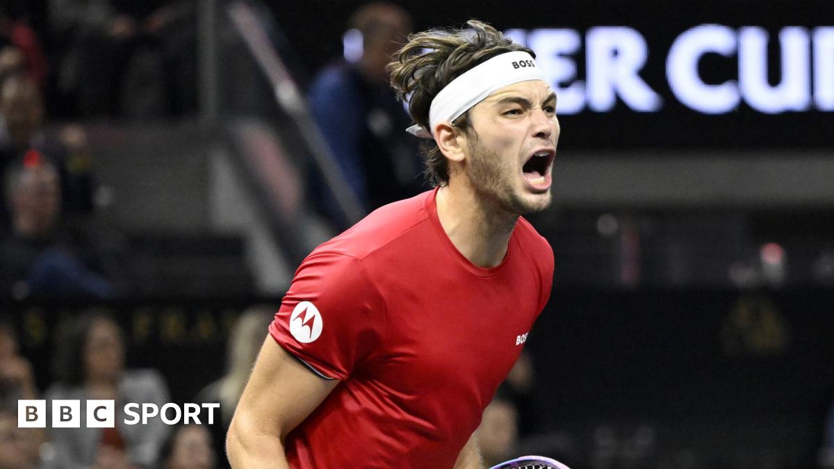 Taylor Fritz celebrates beating Carlos Alcaraz while playing for Team World at the Laver Cup in San Francisco