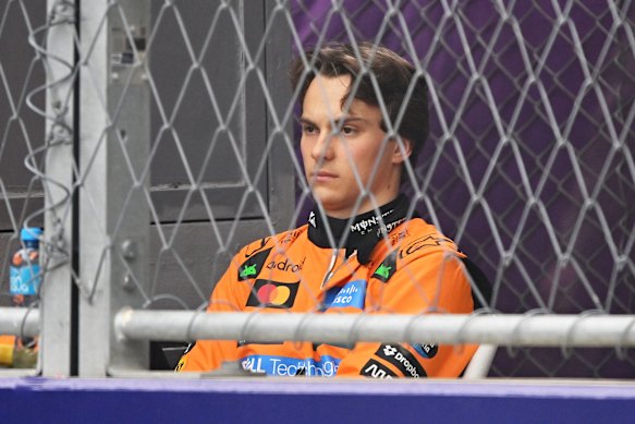 Oscar Piastri watches the race after crashing in Baku. 
