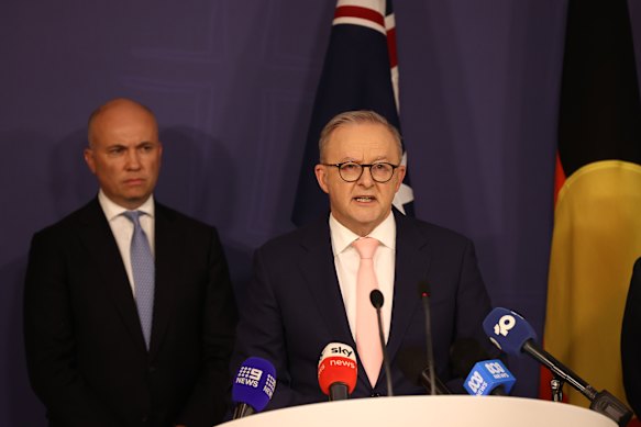 Prime Minister Anthony Albanese announces the government’s emissions reduction target in Sydney.