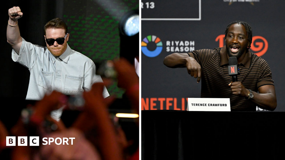 Split image of Saul 'Canelo' Alvarez weighing in and Terence Crawford at a weigh-in flexing his muscles