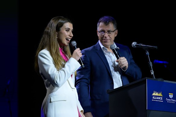 Mark and Freya Leach during a Never Again Is Now presentation.