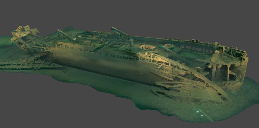 This view of a 3D model of the F.J. King shows the damage to the ship's bow when it hit the bottom and the stern when it blew off.
