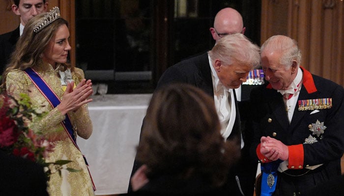 The Princess of Wales, US President Donald Trump and King Charles III at the state banquet for the US President and First Lady Melania Trump at Windsor Castle, Berkshire, on day one of their second state visit to the UK, Wednesday September 17, 2025. Yui Mok/Pool via REUTERS