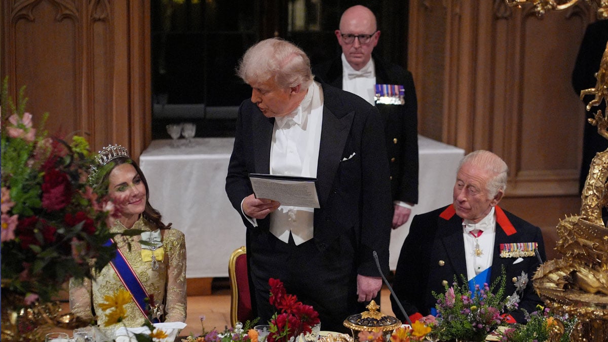 US President Donald Trump delivers his speech as King Charles and the Princess of Wales listen during the state banquet for the US President and First Lady Melania Trump at Windsor Castle, Berkshire, on day one of their second state visit to the UK, Wednesday September 17, 2025. Yui Mok/Pool via REUTERS