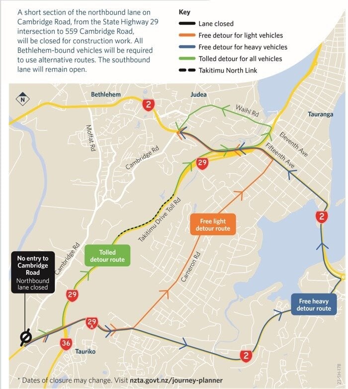 A short section of the northbound lane on Cambridge Rd, from the SH29 intersection to 559 Cambridge Rd, will be closed for construction work. Image / NZTA