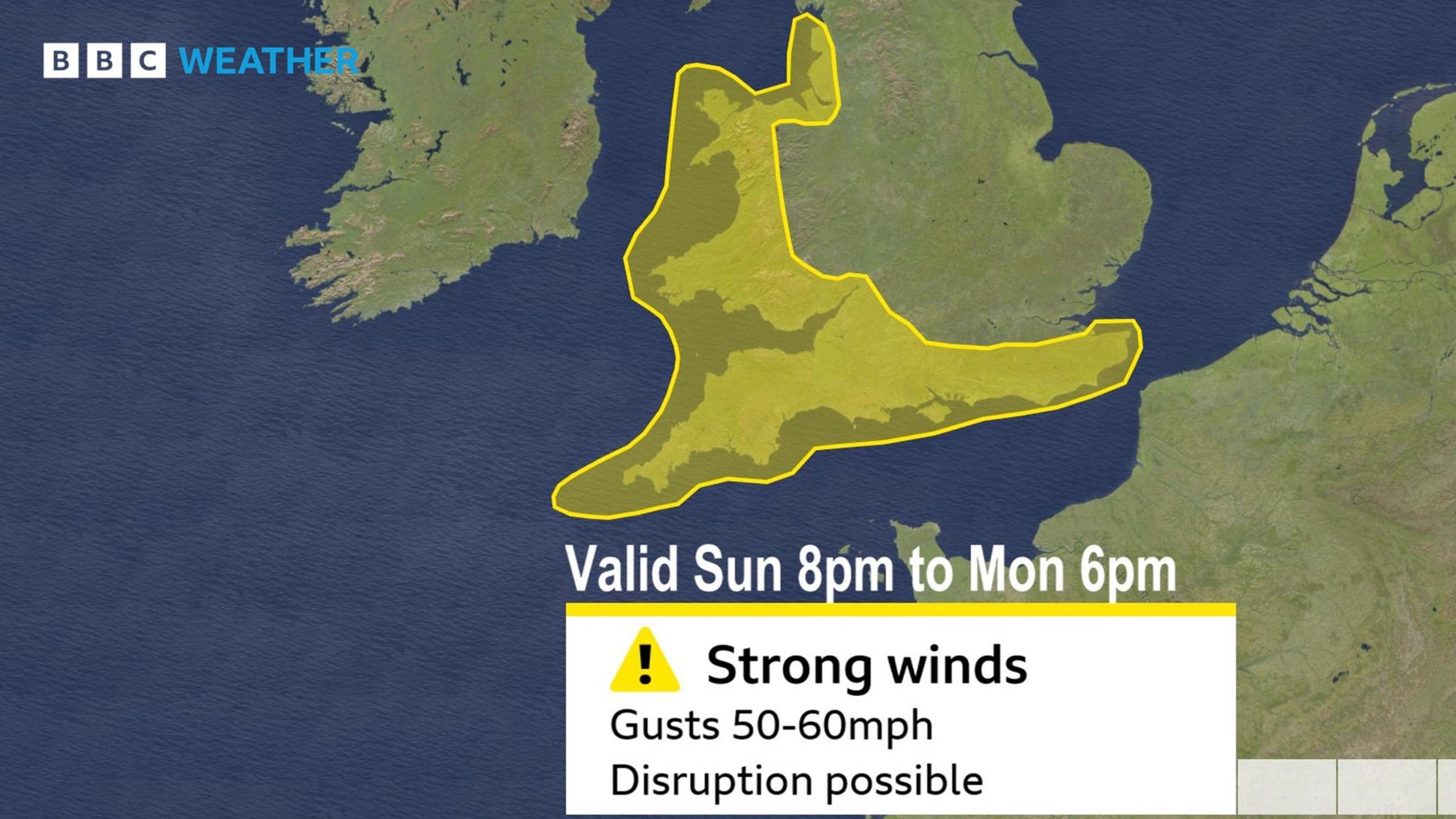 A map showing details of the yellow wind warning for parts of England and Wales.