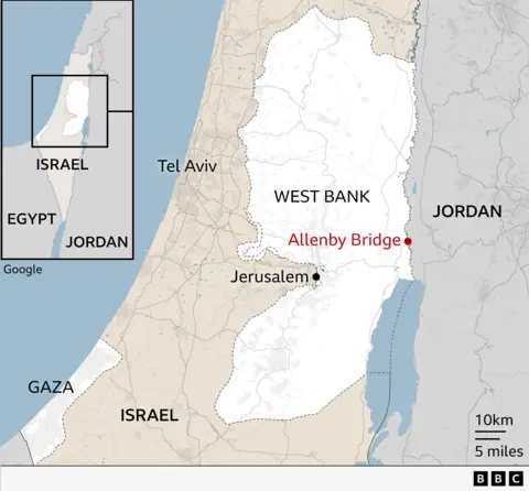 A map displaying location of Allenby bridge. 