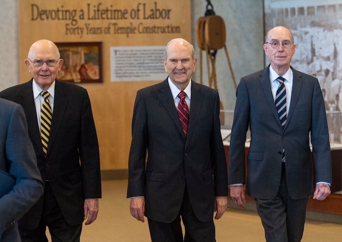 (Rick Egan  |  The Salt Lake Tribune)    Dallen H. Oaks, President Russell M. Nelson and Henry B. Eyring arrive at the South visitors center on Temple Square, for a news conference on the upcoming closure and renovation of the Salt Lake Temple, Temple Square and the adjoining plaza near the Church Office Building. Friday, April 19, 2019.