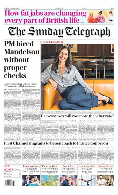 The headline on the front page of the Sunday Telegraph reads: "PM hired Mandelson without proper checks". 