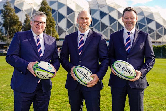 Former Rebels chairman Paul Docherty in happier times with head coach Kevin Foote and former chief executive Baden Stephenson.