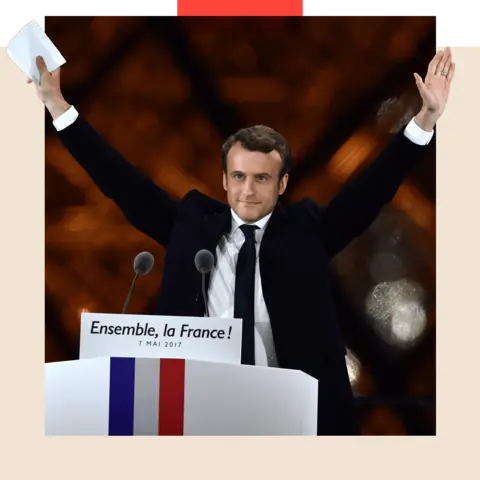 Mustafa Yalcin/Anadolu Agency/Getty Images  Emmanuel Macron raises his hands after winning the 2017 French election