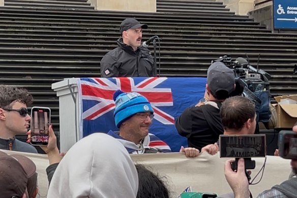 Neo-Nazi leader Thomas Sewell speaking at the March for Australia rally in Melbourne on Sunday.