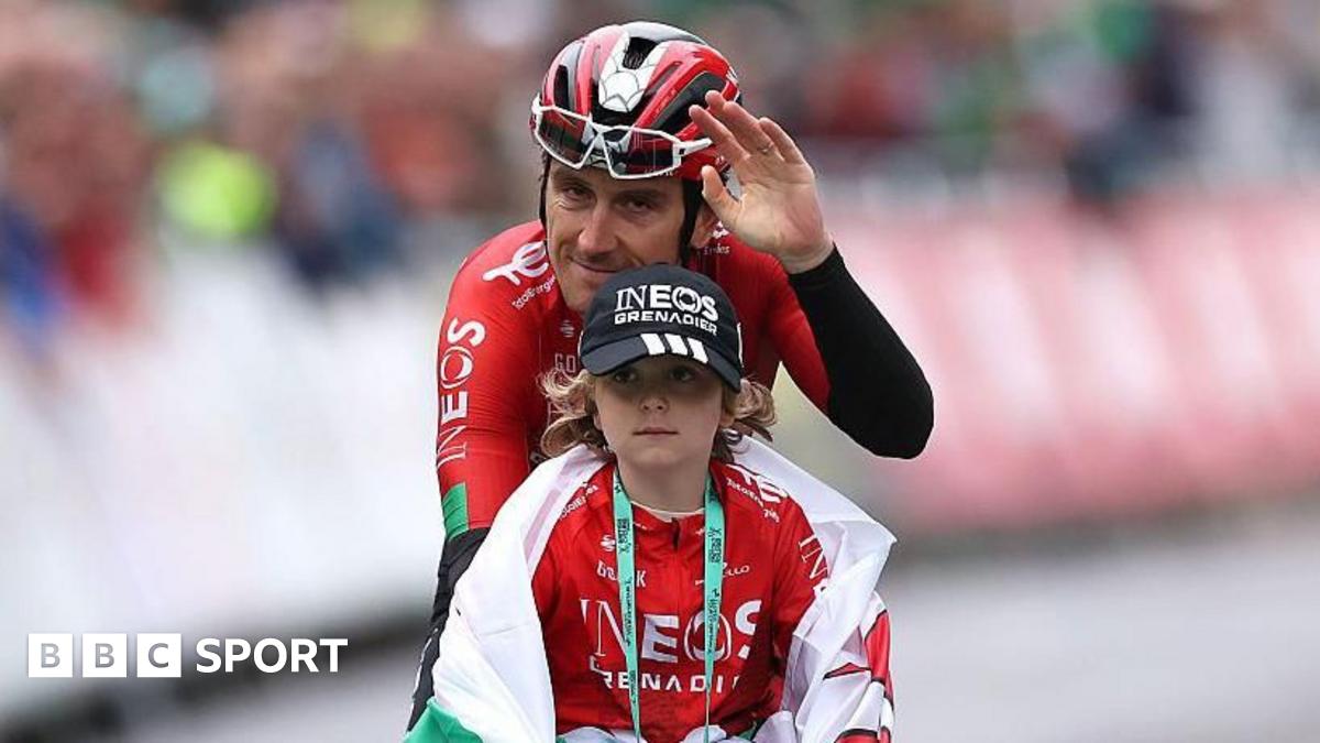 Geraint Thomas acknowledges the support of the crowd as he nears the finish line in Cardff