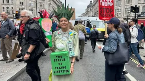 She is wearing a headpiece like the statue, and badges of causes pinned to her clothes. she has a necklace of paper money and a sign that reads the statue of taking liberties. She is holding a homemade torch with Trump's face stuck to it.