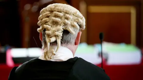 PA Media A barrister with a blond curly wig sits in a court, with his back to the camera. He has grey hair under the wig and is wearing a black robe. 