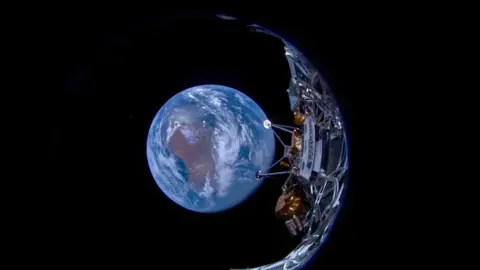 Intuitive Machines/The Planetary Society An instrument designed by Canadensys, on the Intuitive Machines' lander in space. Earth is seen below it against a black sky. 