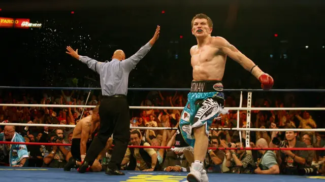 Ricky Hatton celebrates defeating Mexico's Jose Luis Castillo after a fourth round stoppage