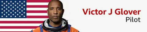 BBC/Nasa Banner showing head shot of Victor Glover in an orange flight suit in fron of a US flag