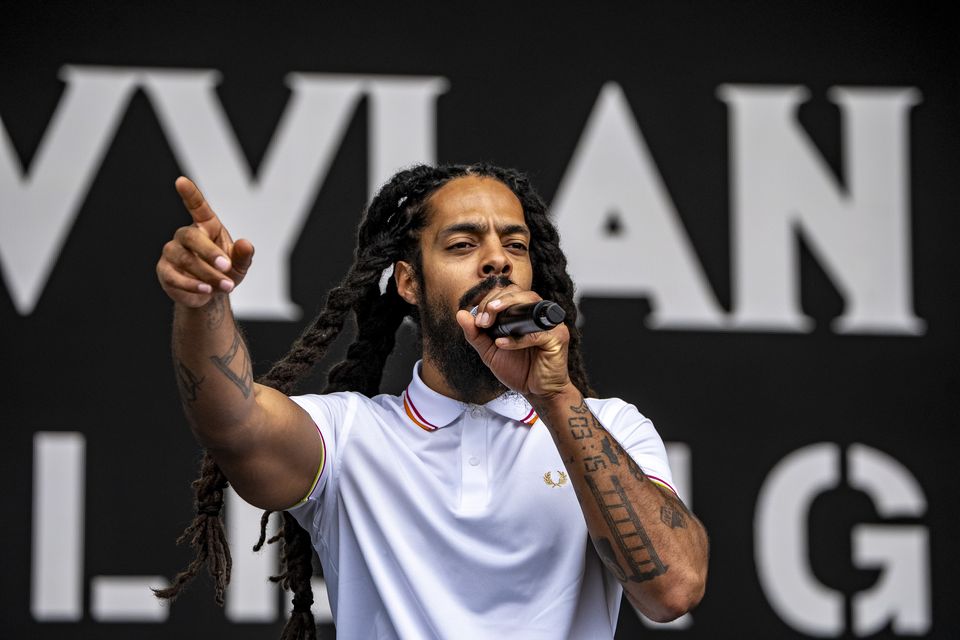 Bob Vylan performing on the West Holts Stage, during the Glastonbury Festival at Worthy Farm in Somerset. (Ben Birchall/PA)