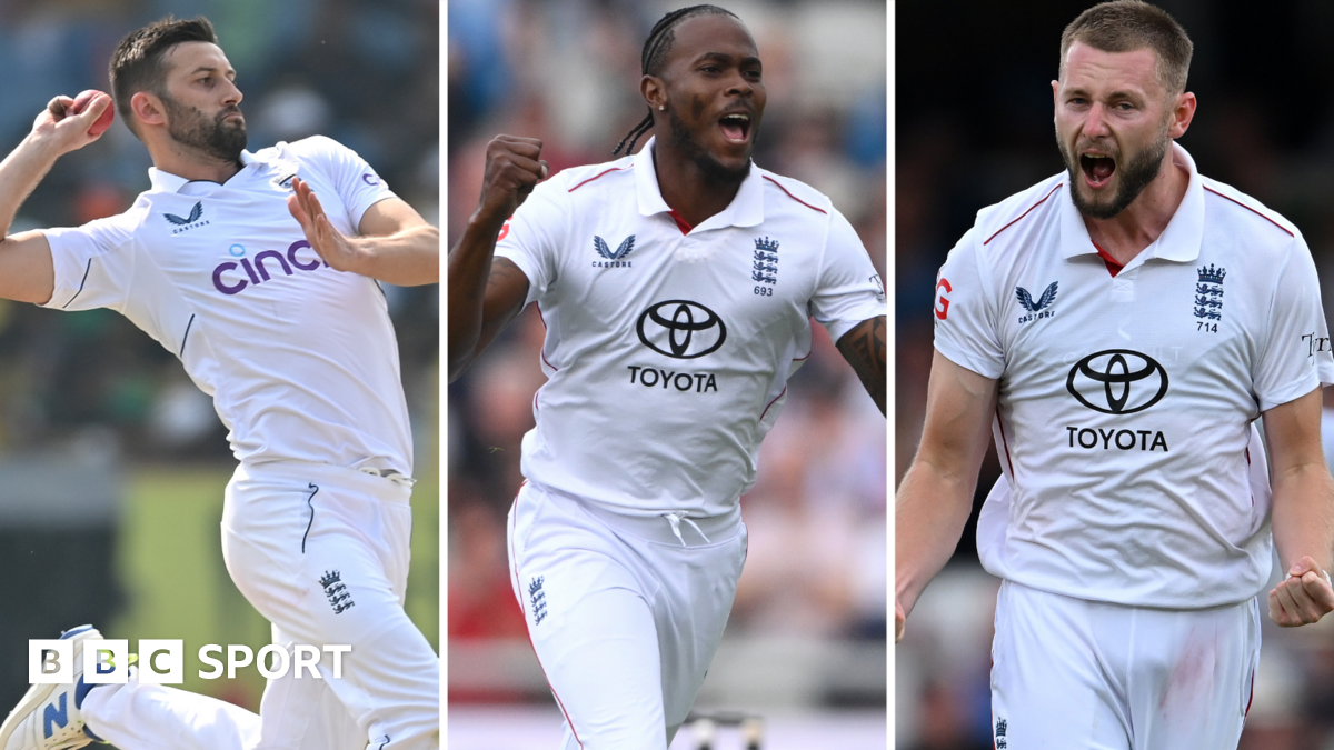 Split image with Mark Wood bowling and Jofra Archer and Gus Atkinson celebrating