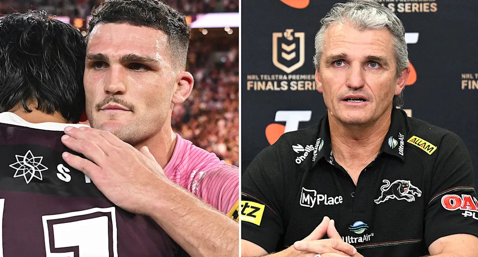 On the left is Panthers halfback Nathan Cleary and Penrith coach Ivan Cleary on right.