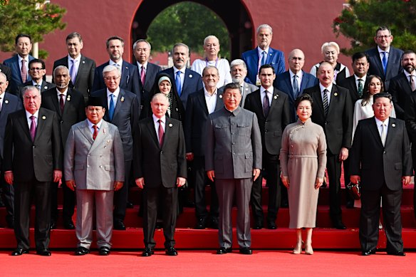Former Victorian premier Dan Andrews (top right), posing behind Kim Jong-un, Xi Jinping and Vladimir Putin before the parade.