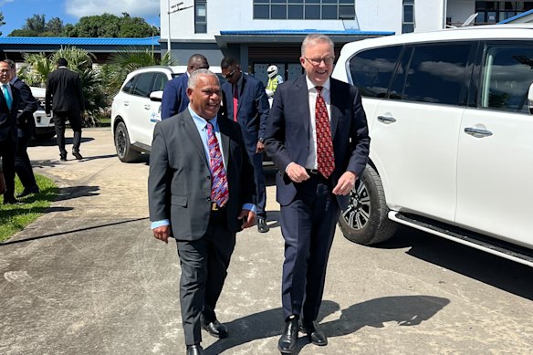 Prime Minister Anthony Albanese and Vanuatu counterpart Jotham Napat in Port Vila on Tuesday.