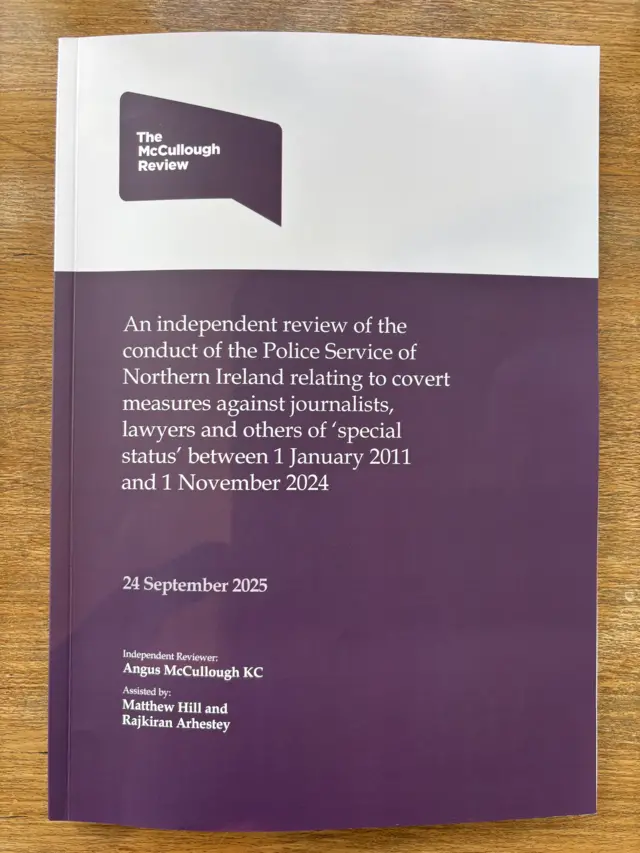 The front cover of the McCullough review into PSNI phone surveillance, The A4 document is white and purple
