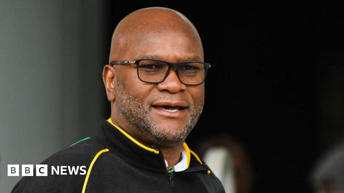 South African politician Nathi Mthethwa is seen arriving at an event wearing a black shirt with yellow stripes