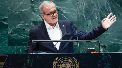 EPA Iranian President Masoud Pezeshkian spoke at the UN General Assembly
