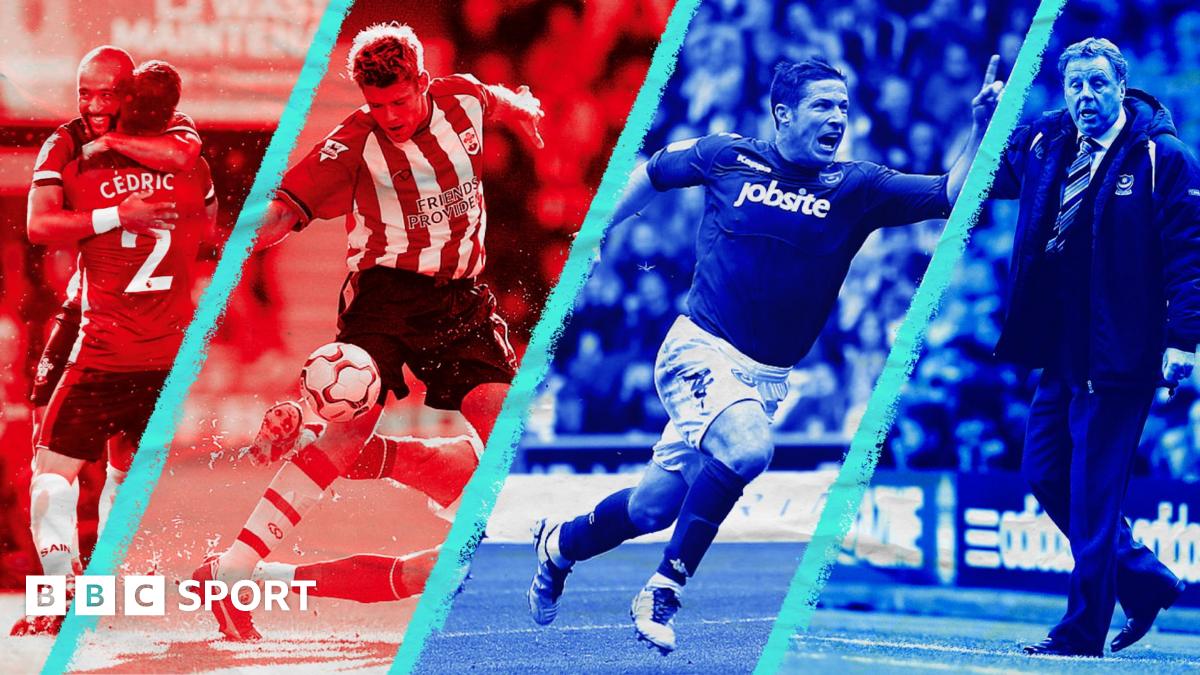 Nathan Redmond celebrates victory for Southampton in 2019, James Beattie in action in 2003, David Norris celebrates for Pompey in 2012 and Harry Redknapp during his time in charge of Portsmouth