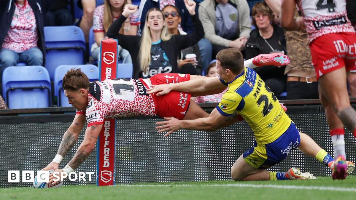 Leigh Leopards' Keanan Brand scores a try against Warrington