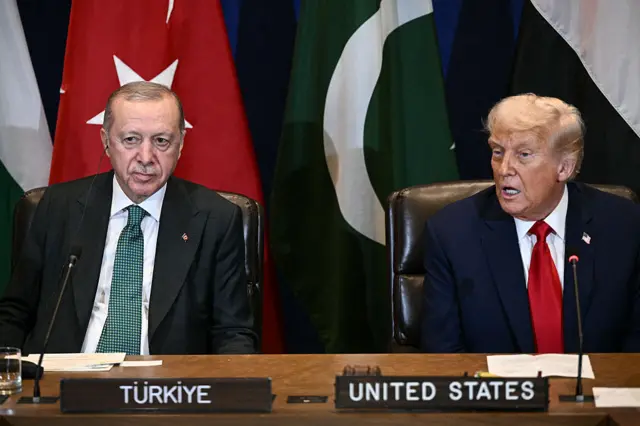 Erdogan and Donald Trump sit at a large table, with their respective flags draped behind them. You can see the titles, Turkiye and United States, on placards on the desk in front of the two men.