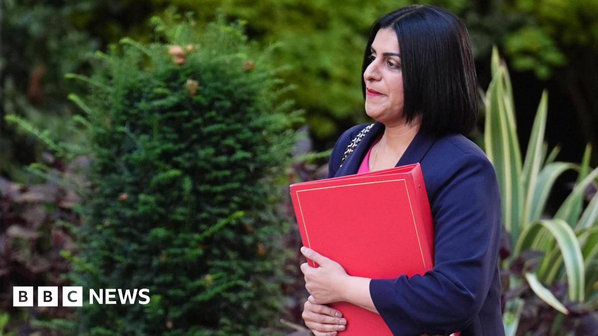 Home Secretary Shabana Mahmood walks outside Downing Street, holding a large red folder. She wears a pink dress, a navy blue blazer, and black shoes. Behind her is a well-kept garden with vibrant flowers and green shrubs.