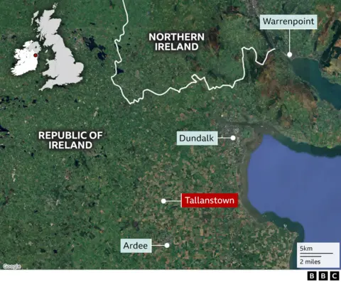 A map of Ireland showing the Republic and Northern Ireland. Ardee, Tallansown, Dundalk and Warrenpoint are labelled.